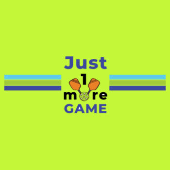 Just 1 More Game Ladies Performance Tee with Pickle in the Middle Logo on Left Sleeve Design